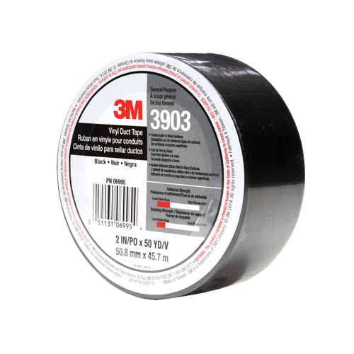 3M 3903-49X50-BLK 3903 Vinyl Duct Tape, 1245 mm (49") W x 46 m (151') L, 6.5 mils, Black