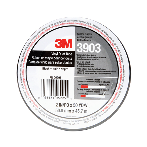 3M 3903-49X50-BLK 3903 Vinyl Duct Tape, 1245 mm (49") W x 46 m (151') L, 6.5 mils, Black