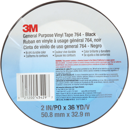 3M 764-2X36-BLK Ruban en vinyle pour travaux g&eacute;n&eacute;raux 764, 50,8 mm (2") la x 32,9 m (108') lo, 5 mils, Noir