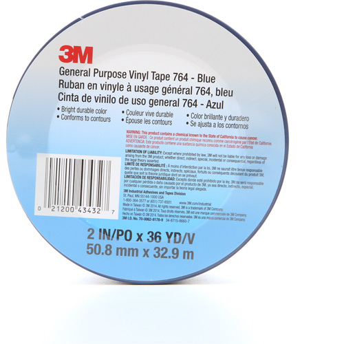 3M 764-2X36-BLU 764 General-Purpose Vinyl Tape, 50.8 mm (2") W x 32.9 m (108') L, 5 mils, Blue