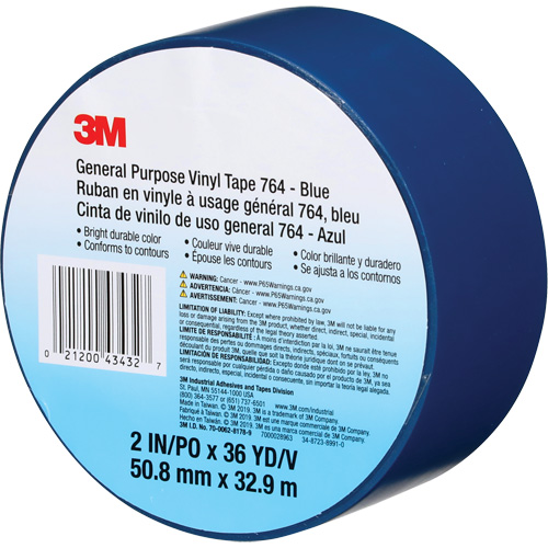 3M 764-2X36-BLU 764 General-Purpose Vinyl Tape, 50.8 mm (2") W x 32.9 m (108') L, 5 mils, Blue