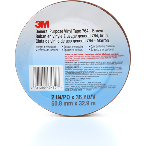 3M 764-2X36-BRN 764 General-Purpose Vinyl Tape, 50.8 mm (2") W x 32.9 m (108') L, 5 mils, Brown