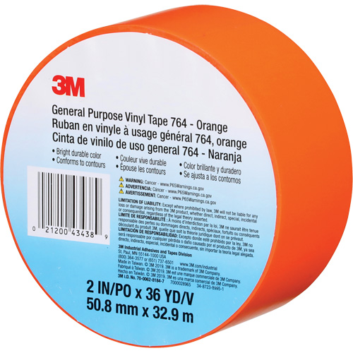 3M 764-2X36-ORG 764 General-Purpose Vinyl Tape, 50.8 mm (2") W x 32.9 m (108') L, 5 mils, Orange