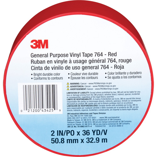 3M 764-2X36-RED 764 General-Purpose Vinyl Tape, 50.8 mm (2") W x 32.9 m (108') L, 5 mils, Red