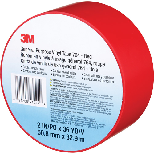 3M 764-2X36-RED 764 General-Purpose Vinyl Tape, 50.8 mm (2") W x 32.9 m (108') L, 5 mils, Red