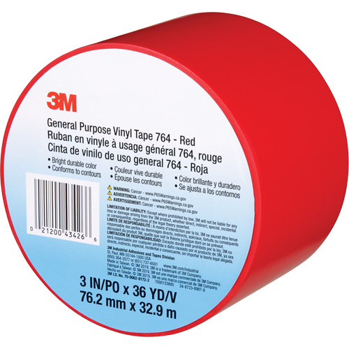 3M 764-3X36-RED 764 General-Purpose Vinyl Tape, 76 mm (3") W x 32.9 m (108') L, 5 mils, Red