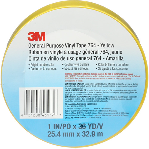 3M 764-1X36-YLW Ruban en vinyle pour travaux g&eacute;n&eacute;raux 764, 25,4 mm (1") la x 32,9 m (108') lo, 5 mils, Jaune