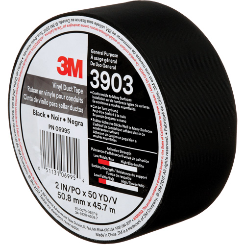 3M 3903-2X50-BLK 3903 Vinyl Duct Tape, 48 mm (2") W x 45 m (148') L, 6.5 mils, Black