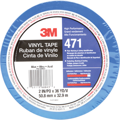 3M 471-2X36-BLU Ruban en vinyle 471, 50,8 mm (2") la x 32,9 m (108') lo, 5,2 mils, Bleu