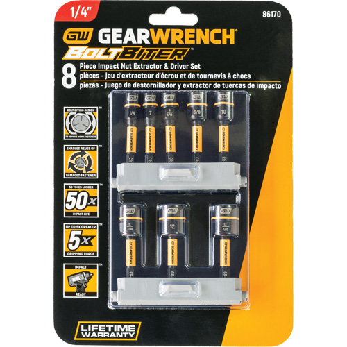 Gearwrench 86170 Jeu d'extracteurs d'&eacute;crou et tournevis Bolt Biter, 8 mcx, Non magn&eacute;tique, M&eacute;trique & imp&eacute;rial