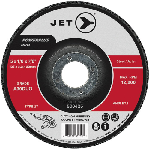 JET 500415 Powerplus DUO Cutting/Grinding Wheel, 4-1/2" x 1/8", 7/8" Arbor, Type 27, A30DUO Grit