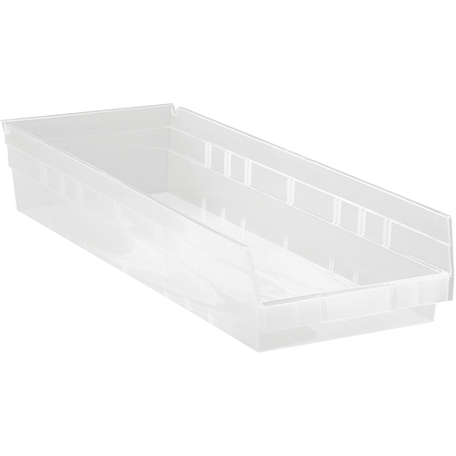 Quantum Storage System QSB114CL Shelf Bins, 8-3/8" W x 4" H x 23-5/8" D, Clear, 50 lbs. Capacity