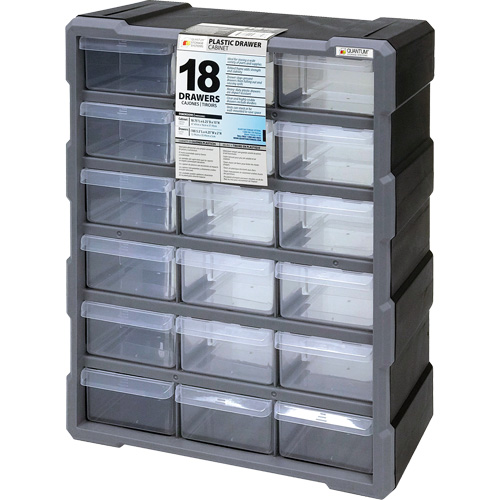 Quantum Storage System PDC-18BK Drawer Cabinet, Plastic, 18 Drawers, 15" x 6-1/4" x 18-3/4", Black