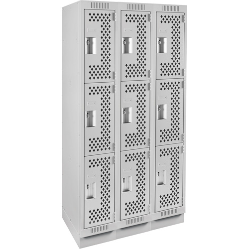 Anthony Steel Mfg. CLT3-121272-RB-PER_A124 Clean Line Lockers, 3 -tier, Bank of 3, 36" x 12" x 76", Steel, Grey, Rivet (Assembled), Perforated