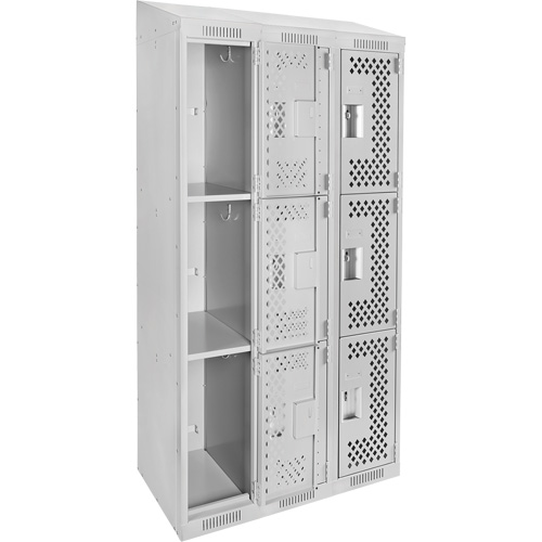 Anthony Steel Mfg. CLT3-121572-ST-PER_A124 Clean Line Lockers, 3 -tier, Bank of 3, 36" x 15" x 78", Steel, Grey, Rivet (Assembled), Perforated