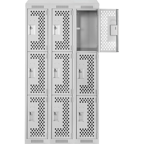 Anthony Steel Mfg. CLT3-121572-ST-PER_A124 Clean Line Lockers, 3 -tier, Bank of 3, 36" x 15" x 78", Steel, Grey, Rivet (Assembled), Perforated