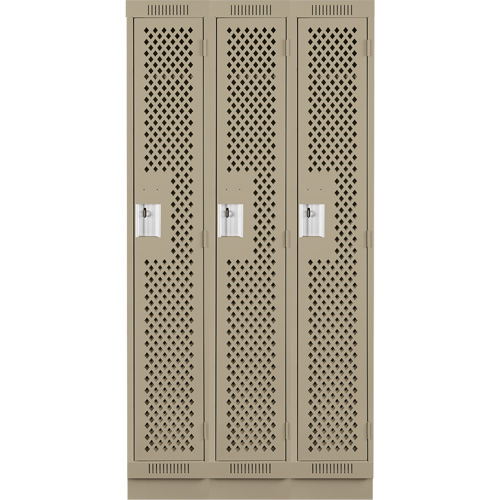 Anthony Steel Mfg. CLS3-121272-RB-PER_A123 Clean Line Lockers, Bank of 3, 36" x 12" x 76", Steel, Beige, Rivet (Assembled), Perforated