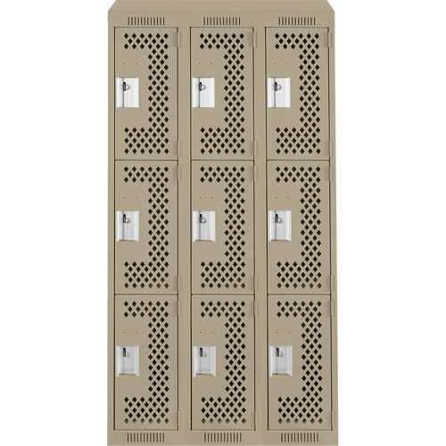 Anthony Steel Mfg. CLT3-121872-ST-PER_A123 Clean Line Lockers, 3 -tier, Bank of 3, 36" x 18" x 78", Steel, Beige, Rivet (Assembled), Perforated