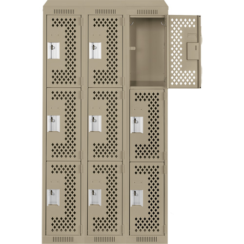 Anthony Steel Mfg. CLT3-121872-ST-PER_A123 Clean Line Lockers, 3 -tier, Bank of 3, 36" x 18" x 78", Steel, Beige, Rivet (Assembled), Perforated