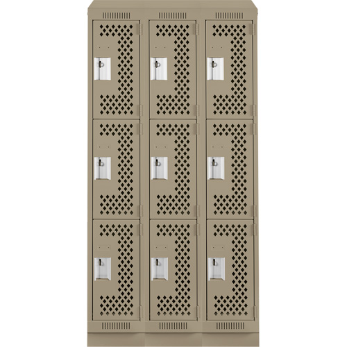 Anthony Steel Mfg. CLT3-121572RBST-PERA123 Clean Line Lockers, 3 -tier, Bank of 3, 36" x 15" x 82", Steel, Beige, Rivet (Assembled), Perforated