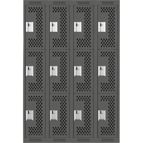 Anthony Steel Mfg. CL-T-4-121272-PERF_A127 Clean Line Lockers, 3 -tier, Bank of 4, 48" x 12" x 72", Steel, Charcoal, Rivet (Assembled), Perforated