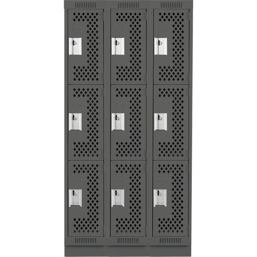 Anthony Steel Mfg. CLT3-121572-RB-PER_A127 Clean Line Lockers, 3 -tier, Bank of 3, 36" x 15" x 76", Steel, Charcoal, Rivet (Assembled), Perforated