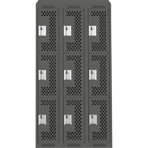 Anthony Steel Mfg. CLT3-121872-ST-PER_A127 Clean Line Lockers, 3 -tier, Bank of 3, 36" x 18" x 78", Steel, Charcoal, Rivet (Assembled), Perforated