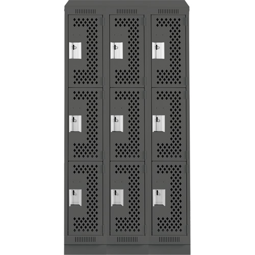 Anthony Steel Mfg. CLT3-121872RBST-PERA127 Clean Line Lockers, 3 -tier, Bank of 3, 36" x 18" x 82", Steel, Charcoal, Rivet (Assembled), Perforated