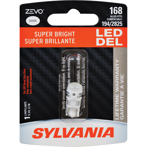 Sylvania 39250 168 Mini-ampoule automobile Zevo, DEL, 0,7 W, Blanc