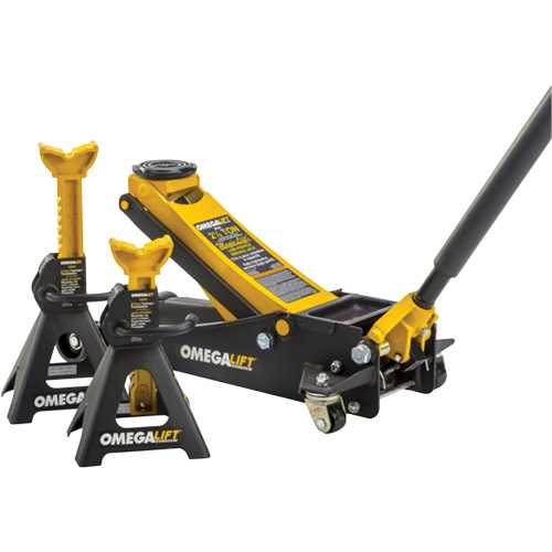 Omega Lift 25055B Magic Lift Service Jack & Jack Stands Combo Set, 3 Ton(s)/2.5 Ton(s) Capacity, 3-7/20" Lowered, 19-3/10" Raised, Manual Hydraulic