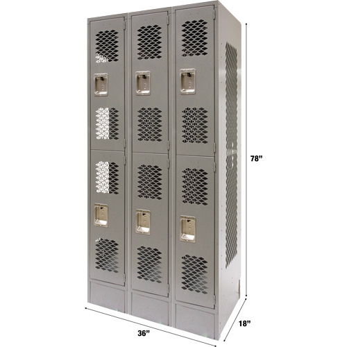KLETON FN853 Vented Lockers, 2 -tier, Bank of 3, 36" x 18" x 78", Steel, Grey, Knocked Down, Perforated