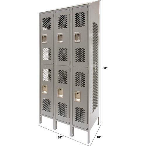 KLETON FN859 Casiers ventil&eacute;s, 2 niveaux, Bloc de 3, 36" x 18" x 88", Acier, Gris, D&eacute;mont&eacute;, Perfor&eacute;