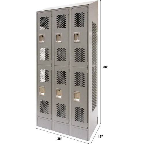 KLETON FN865 Vented Lockers, 2 -tier, Bank of 3, 36" x 18" x 88", Steel, Grey, Knocked Down, Perforated