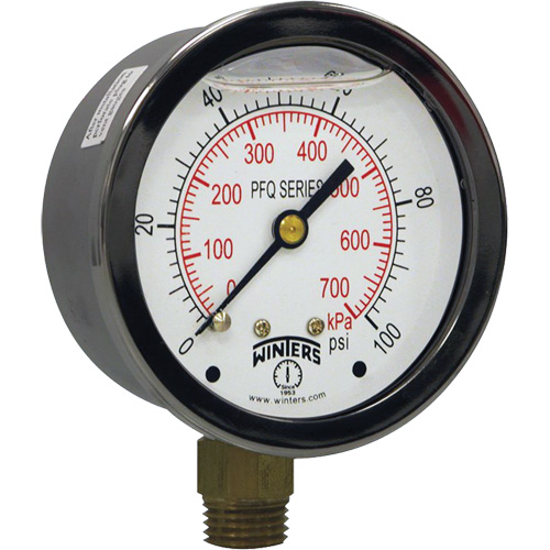 Winters PFQ804 Brass Pressure Gauge, 2-1/2" , 0 - 100 psi, Bottom Mount, Liquid Filled Analogue