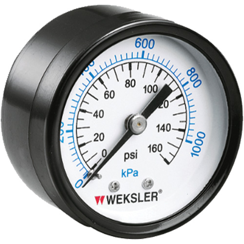 Weksler UA15D8C Dry Pressure Gauge, 1-1/2" , 0 - 160 psi, Back Mount, Analogue