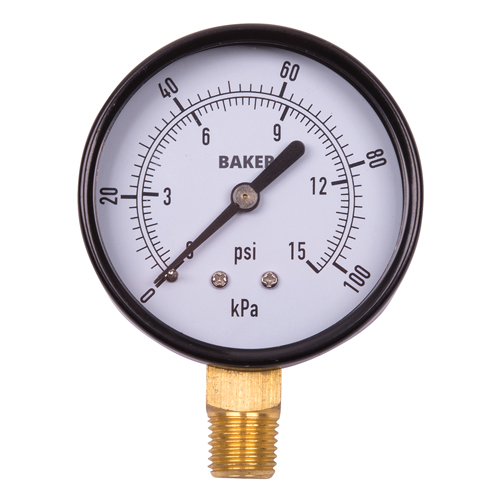 Baker LVBNA-15P Pressure Gauges, 2-1/2" , 0 - 15 psi, Bottom Mount, Analogue