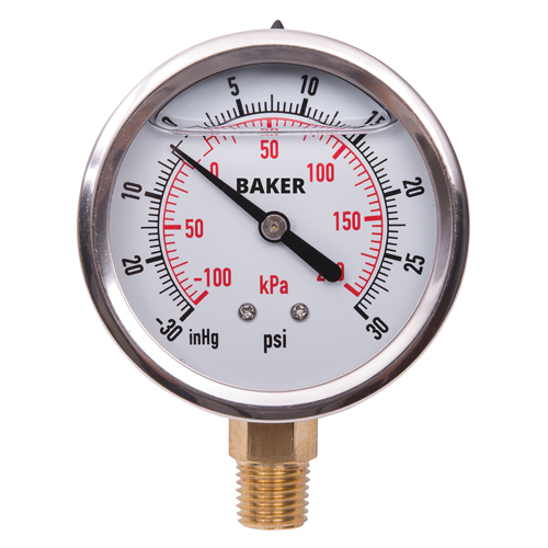 Baker AVNC-30 Manom&egrave;tres,  2-1/2", 30" Hg-0-30 psi, Fixation inf&eacute;rieure, Analogique rempli de liquide