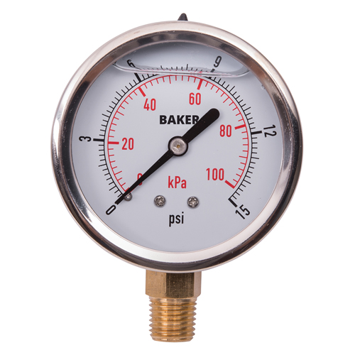 Baker AVNC-15P Pressure Gauges, 2-1/2" , 0 - 15 psi/0 - 100 kPa, Bottom Mount, Liquid Filled Analogue