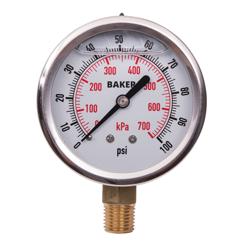 Baker AVNC-100P Pressure Gauges, 2-1/2" , 0 - 100 psi, Bottom Mount, Liquid Filled Analogue