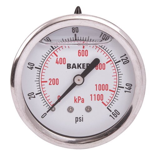 Baker AHNC-160P Pressure Gauges, 2-1/2" , 0 - 160 psi/0 - 1100 kPa, Back Mount, Liquid Filled Analogue