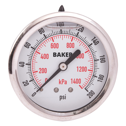Baker AHNC-200P Pressure Gauges, 2-1/2" , 0 - 200 psi/0 - 1400 kPa, Back Mount, Liquid Filled Analogue