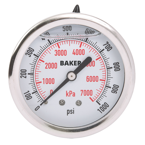 Baker AHNC-1000P Manom&egrave;tres,  2-1/2", 0 - 1000 psi/0 - 7000 kPa, Fixation arri&egrave;re, Analogique rempli de liquide