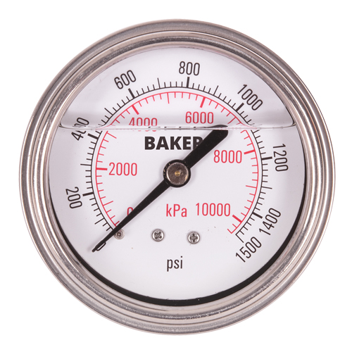 Baker AHNC-1500P Pressure Gauges, 2-1/2" , 0 - 1500 psi, Back Mount, Liquid Filled Analogue