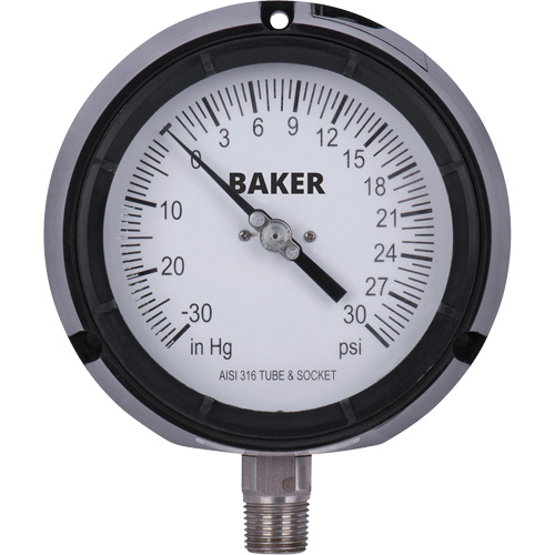 Baker LF45-30-1/4 Pressure Gauge, 4-1/2" , 30"-0-30 psi, Bottom Mount, Liquid Filled Analogue