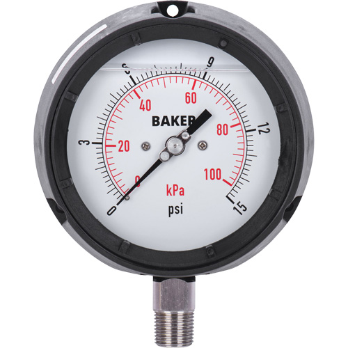 Baker LF45-15P-1/4 Manom&egrave;tre,  4-1/2", 0 - 15 psi/0 - 100 kPa, Fixation inf&eacute;rieure, Analogique rempli de liquide
