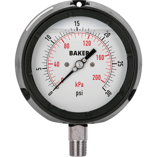Baker LF45-30P-1/4 Pressure Gauge, 4-1/2" , 0-30 psi/ 0-200 kPa, Bottom Mount, Liquid Filled Analogue