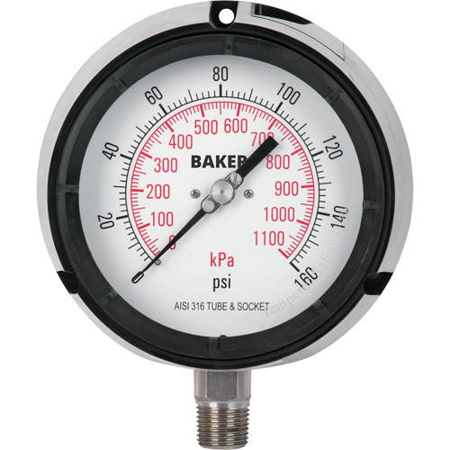 Baker LF45-160P-1/2 Pressure Gauge, 4-1/2" , 0 - 160 psi/0 - 1100 kPa, Bottom Mount, Liquid Filled Analogue