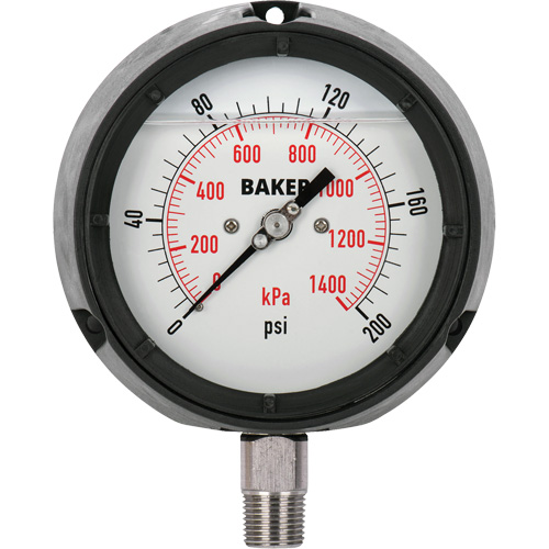 Baker LF45-200P-1/4 Pressure Gauge, 4-1/2" , 0 - 200 psi/0 - 1400 kPa, Bottom Mount, Liquid Filled Analogue