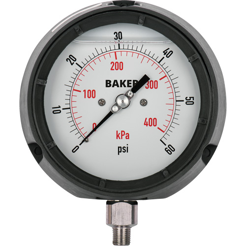 Baker LF45-30HG-1/2 Pressure Gauge, 4-1/2" , 30" 0 Hg Vac., Bottom Mount, Liquid Filled Analogue