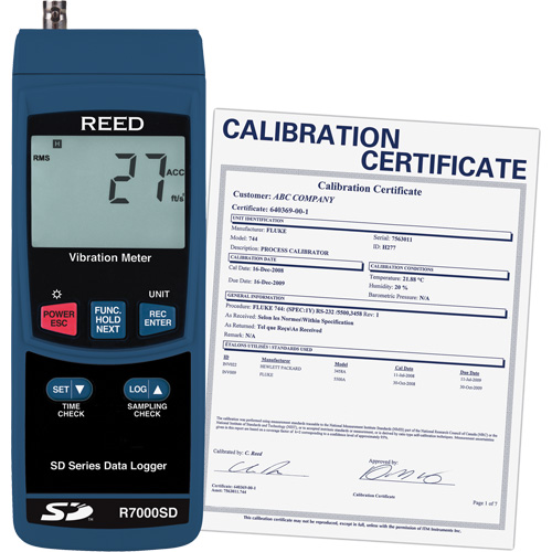 Reed Instruments R7000SD-NIST Vibrom&egrave;tre &agrave; enregistrement de donn&eacute;es avec certificat de calibration, 10% - 85% HR, 32°- 122° F ( 0° - 50° C )